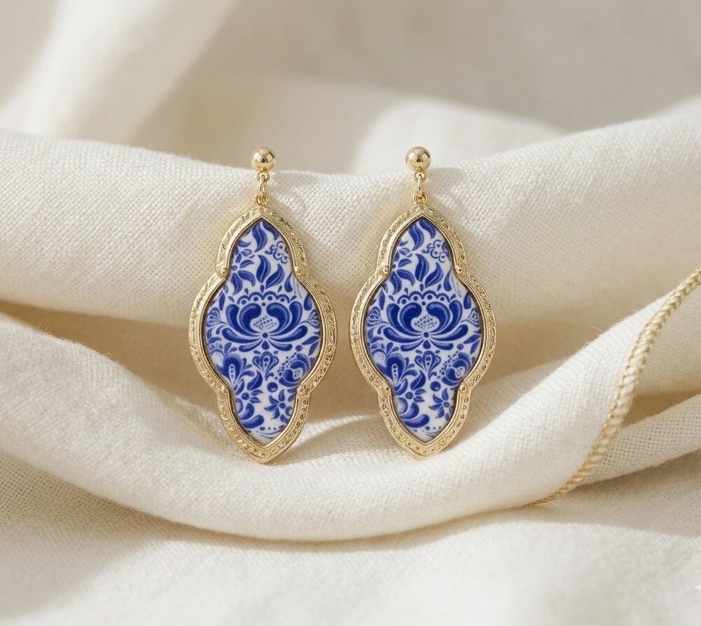Azulejo Earrings Tile Portugal Flower Gold Blue White Boho Flower Ceramic Boho